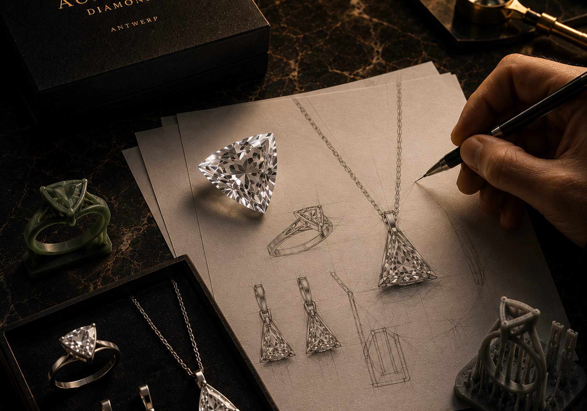Bespoke diamond jewellery design service by Aurelion Diamonds featuring custom engagement rings, earrings and pendants.