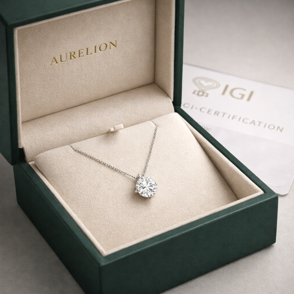 Solitaire Round Cut Diamond Pendant presented in Aurelion Diamonds jewelry box in 18K Rose Gold