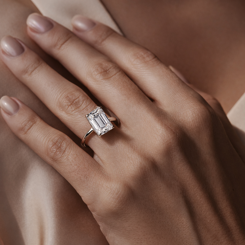 Solitaire Emerald Cut Diamond Ring worn on hand in 18K White Gold