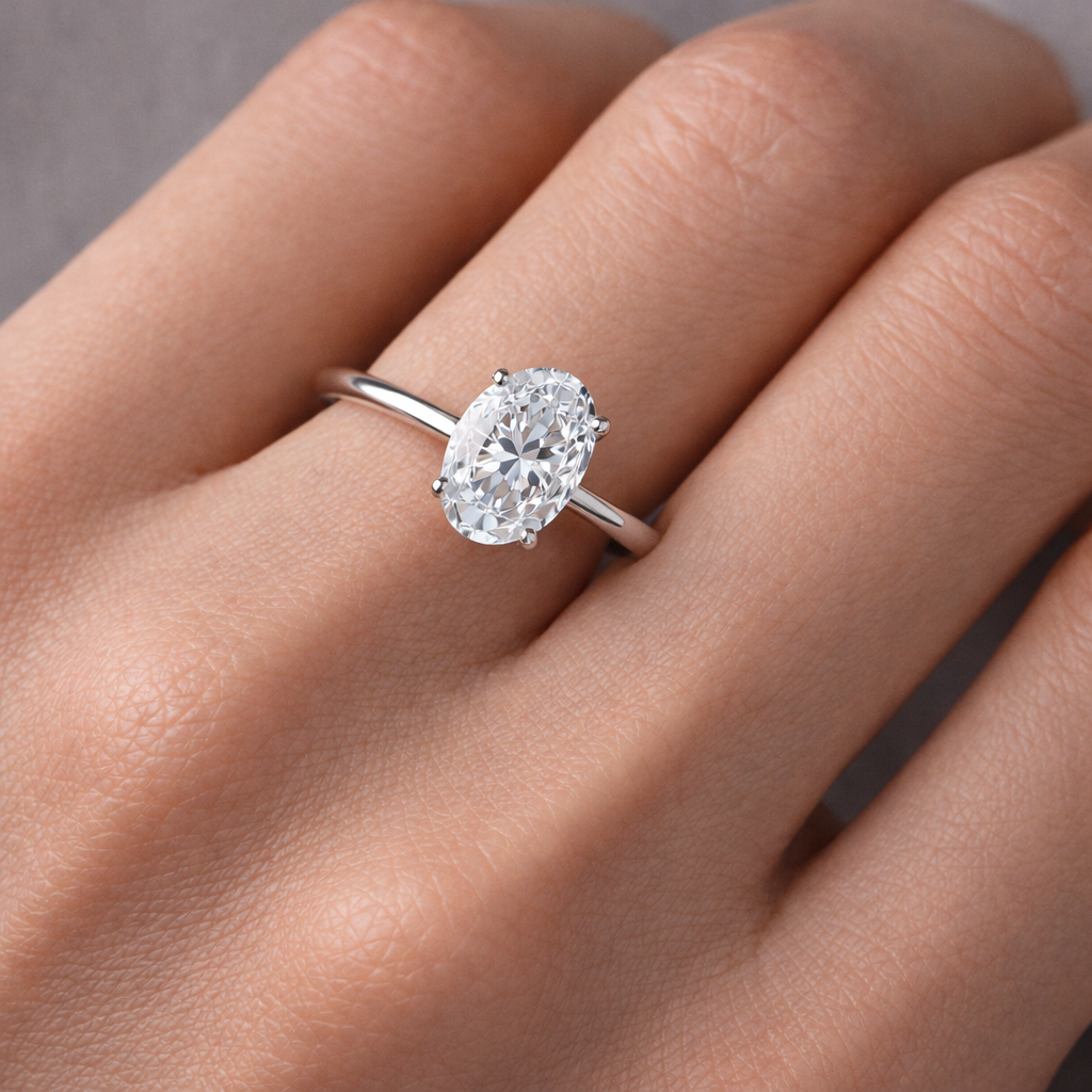 Solitaire Oval Diamond Ring worn on hand in 18K Yellow Gold