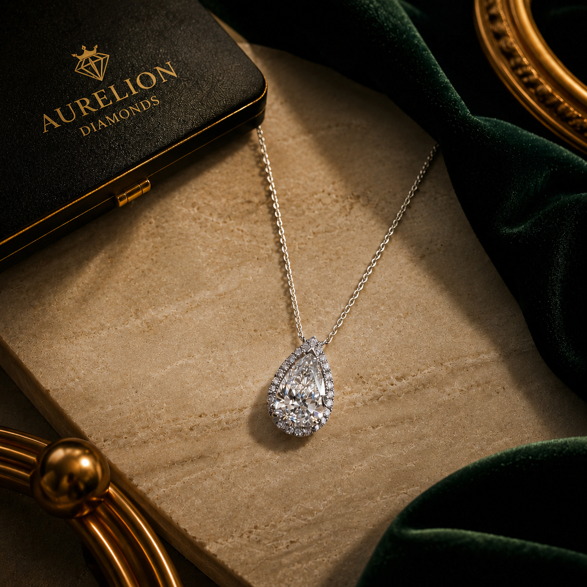 The Celeste pear diamond halo pendant in an elegant flat lay