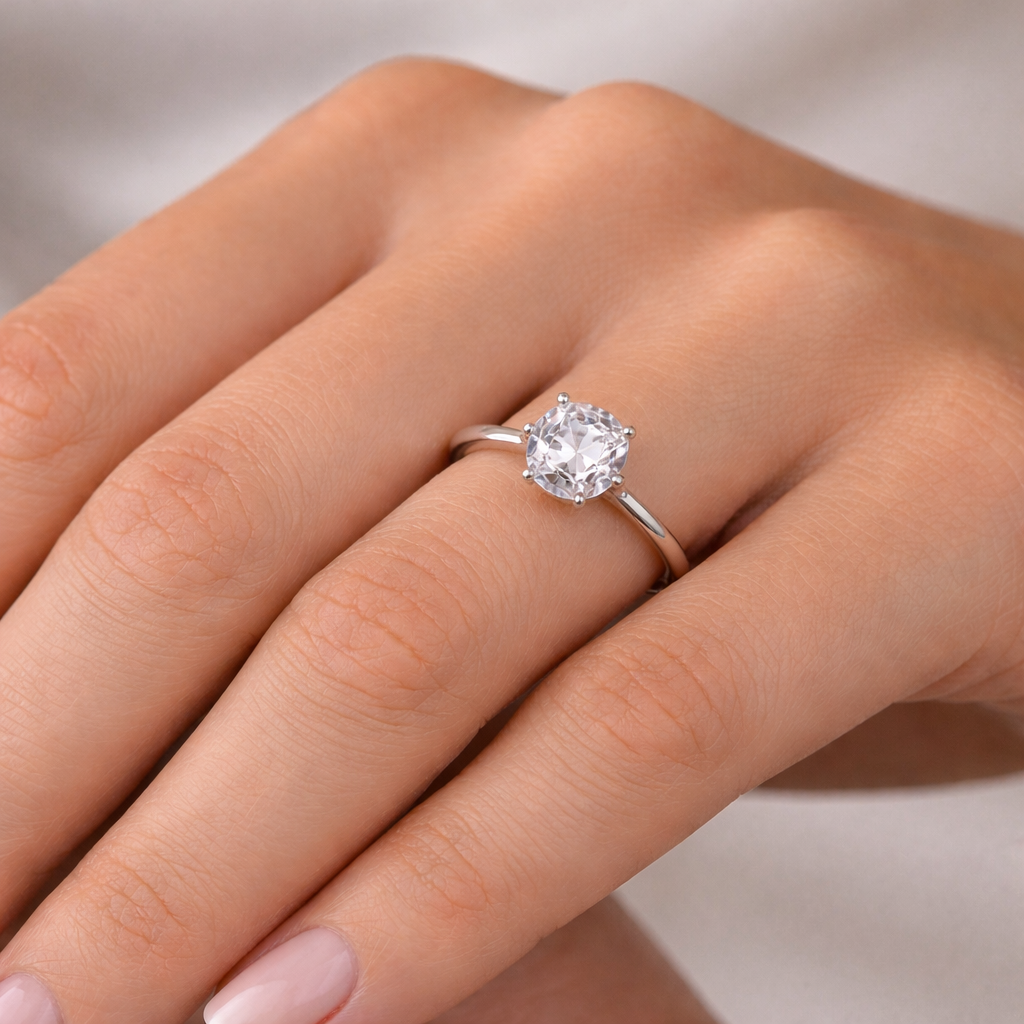 Solitaire Cushion Diamond Ring worn on hand in 18K White Gold