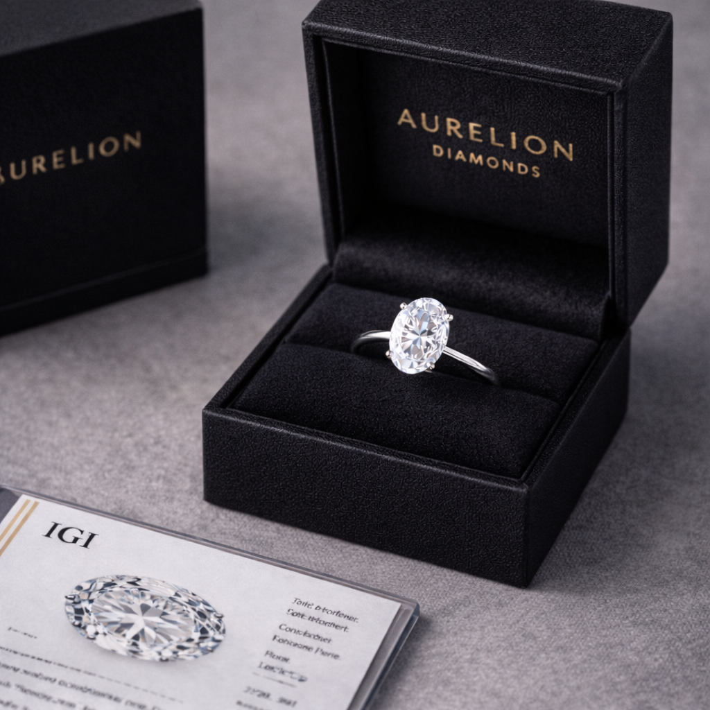 Solitaire Oval Diamond Ring presented in Aurelion Diamonds ring box in 18K White Gold