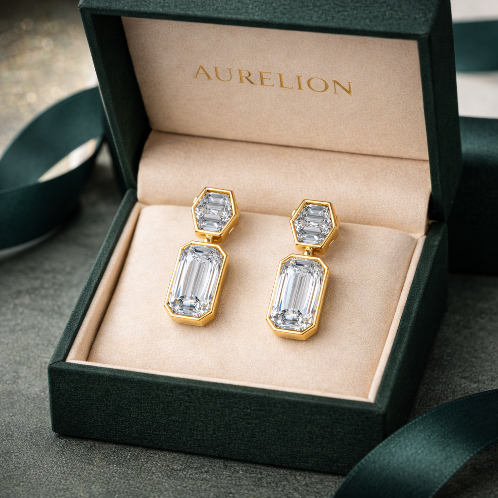 Emerald Drop Diamond Earrings presented in Aurelion Diamonds jewelry box in 18K Yellow Gold
