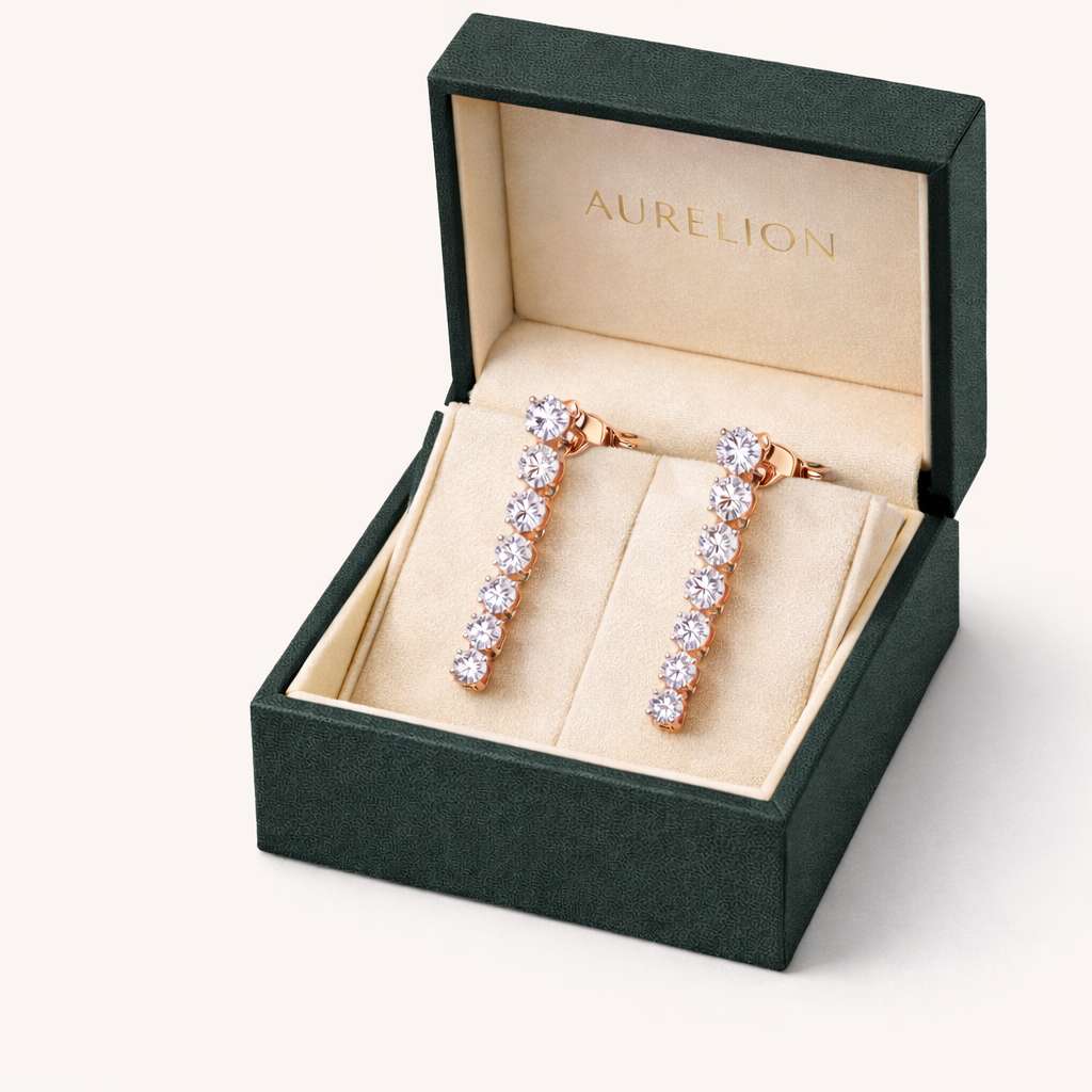 Diamond Vine Drop Earrings presented in Aurelion Diamonds jewelry box in 18K Rose Gold