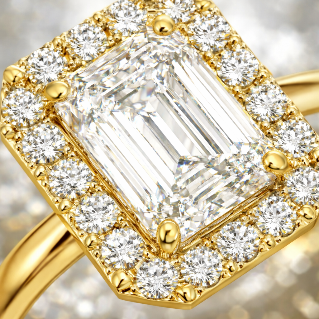 Close-up of Emerald Halo Radiance in 18K Yellow Gold