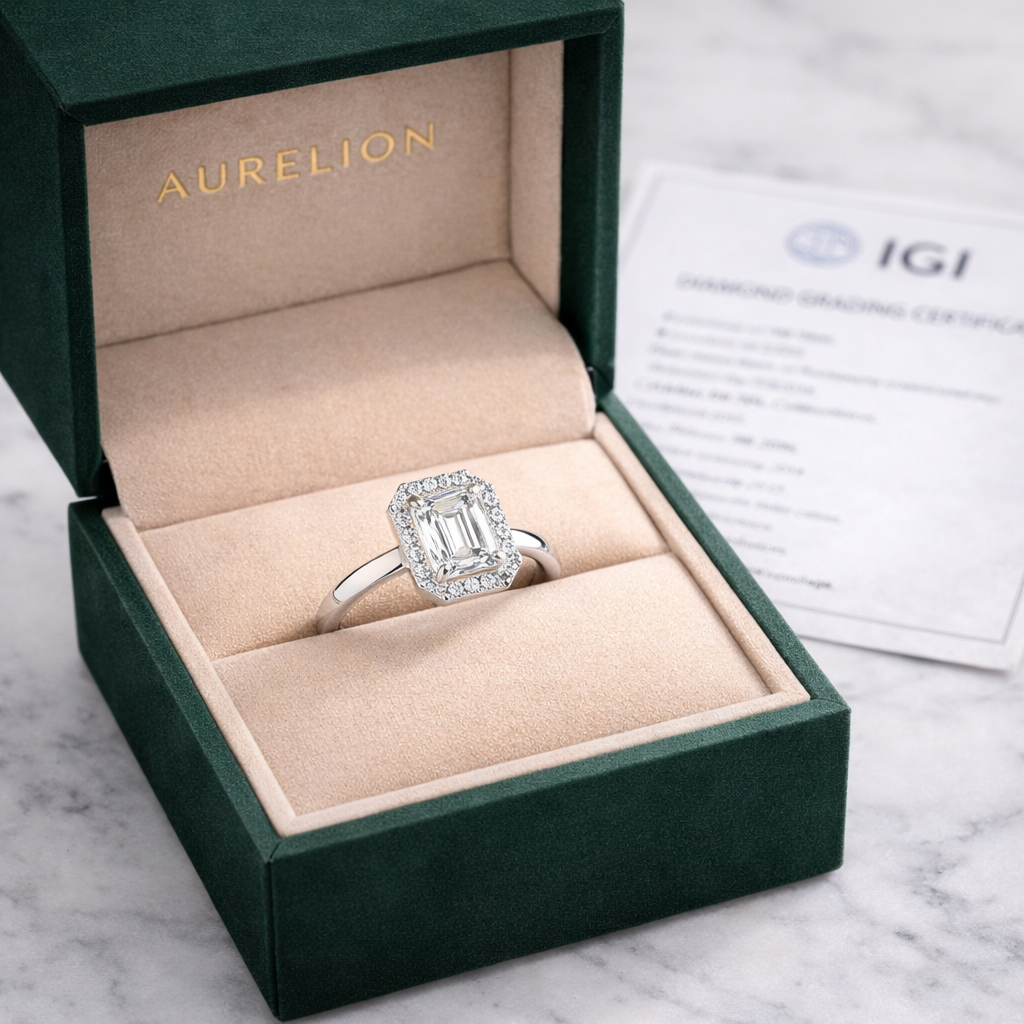 Emerald Halo Radiance presented in Aurelion Diamonds ring box in 18K Yellow Gold