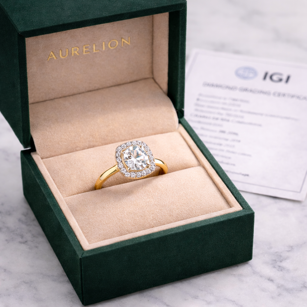 Cushion Halo Grace presented in Aurelion Diamonds ring box in 18K Yellow Gold