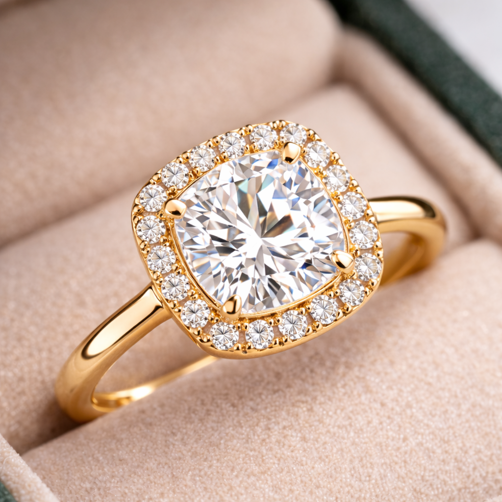 Close-up of Cushion Halo Grace in 18K Yellow Gold
