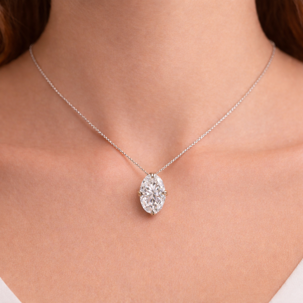 Solitaire Oval Cut Diamond Pendant worn on neck in 18K Yellow Gold