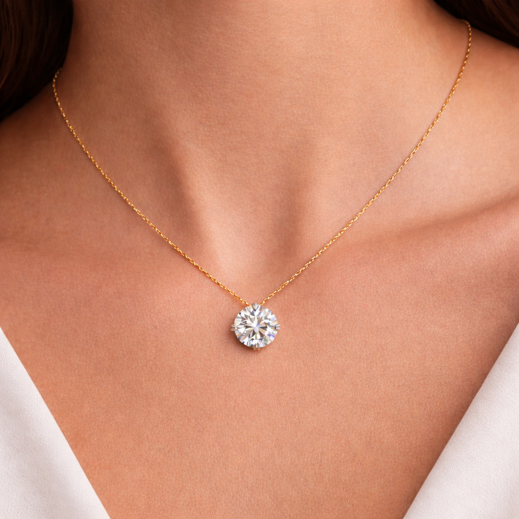 Solitaire Round Cut Diamond Pendant worn on neck in 18K Yellow Gold
