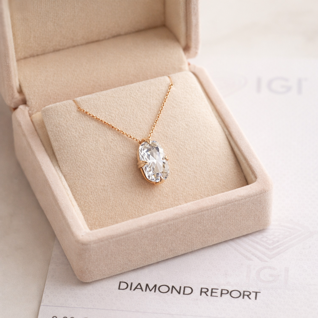 Solitaire Elongated Cushion Cut Diamond Pendant presented in Aurelion Diamonds jewelry box in 18K Rose Gold