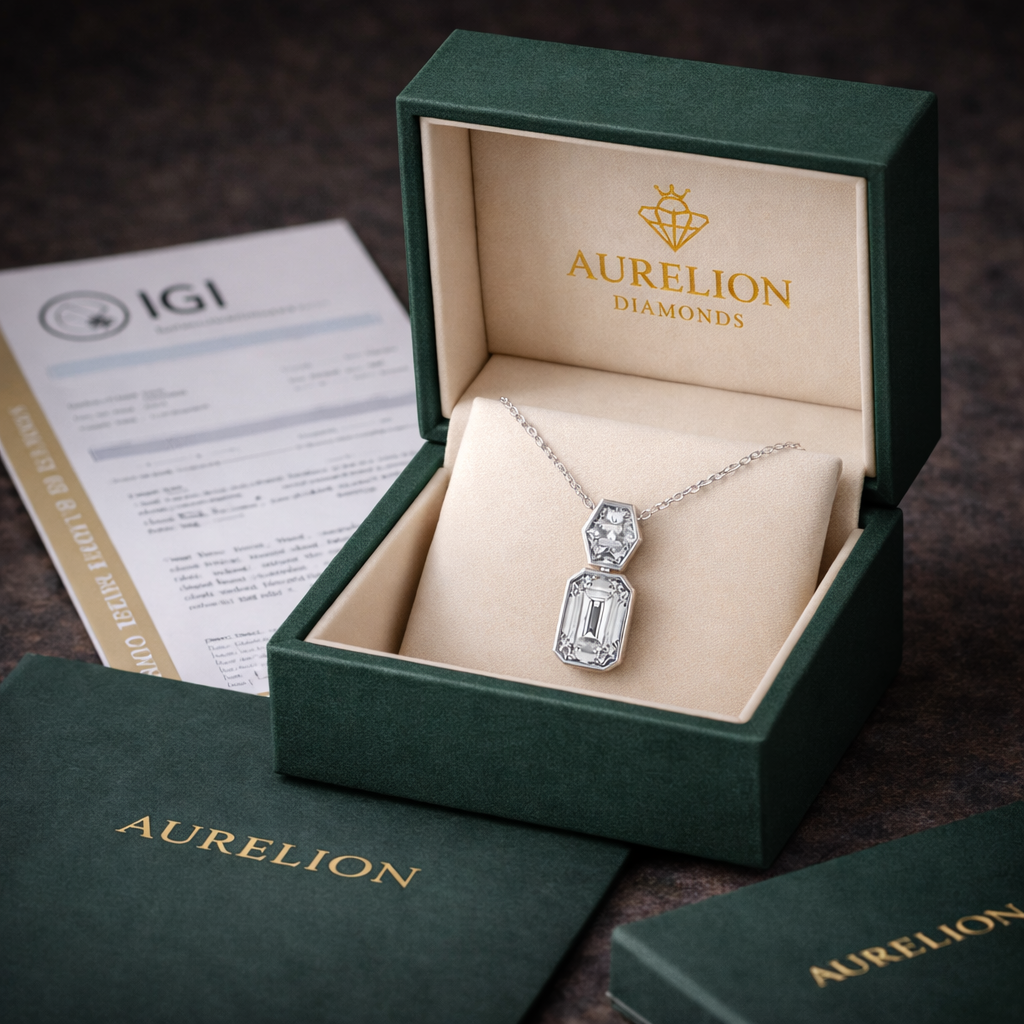 Emerald Drop Diamond Pendant – 2.2 ct presented in Aurelion Diamonds jewelry box in 18K White Gold