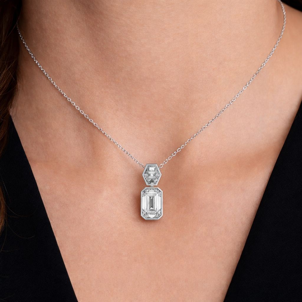 Emerald Drop Diamond Pendant – 2.2 ct worn on neck in 18K White Gold