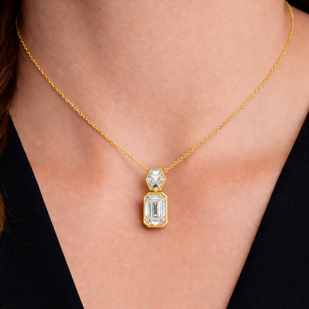 Emerald Drop Diamond Pendant – 2.2 ct worn on neck in 18K Yellow Gold