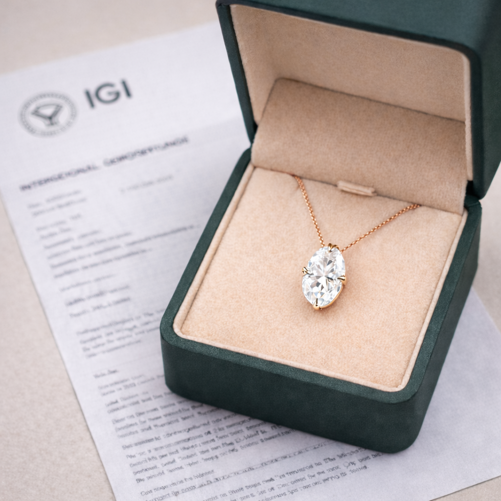 Solitaire Oval Cut Diamond Pendant presented in Aurelion Diamonds jewelry box in 18K Rose Gold