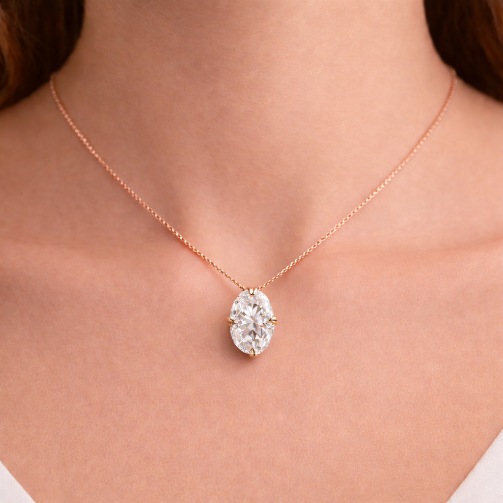 Solitaire Oval Cut Diamond Pendant worn on neck in 18K Rose Gold