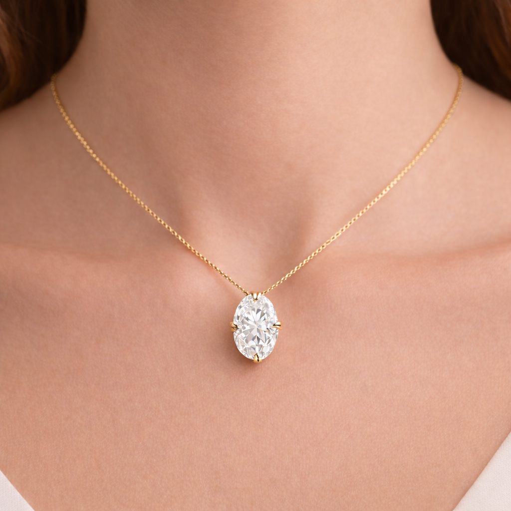Solitaire Oval Cut Diamond Pendant worn on neck in 18K Yellow Gold