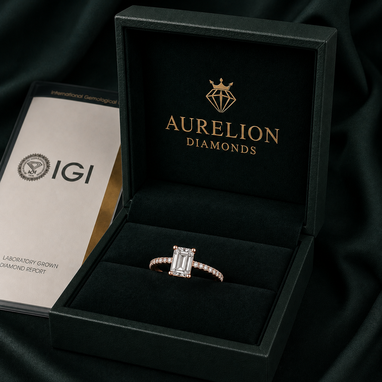 Emerald Pavé Solitaire Diamond Engagement Ring presented in Aurelion Diamonds ring box in 18K Rose Gold