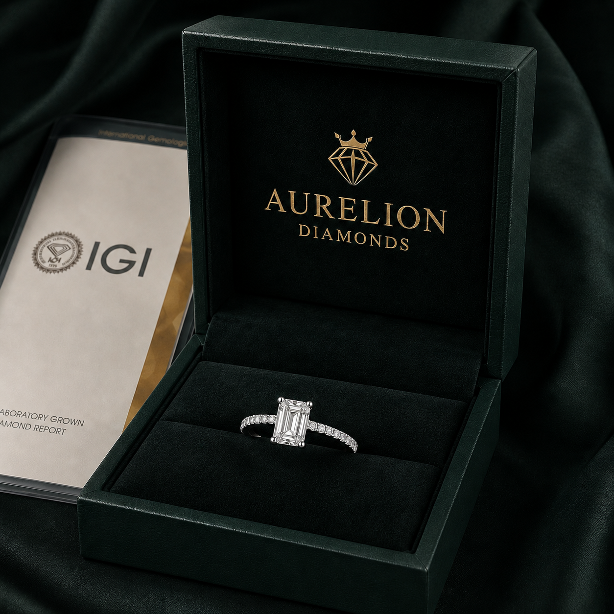 Emerald Pavé Solitaire Diamond Engagement Ring presented in Aurelion Diamonds ring box in 18K White Gold