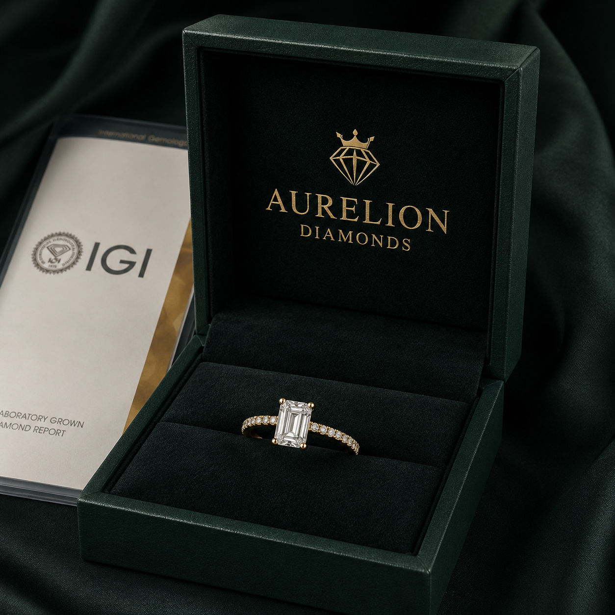 Emerald Pavé Solitaire Diamond Engagement Ring presented in Aurelion Diamonds ring box in 18K Yellow Gold
