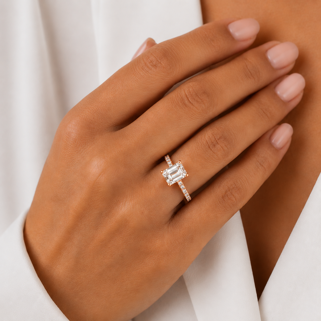 Emerald Pavé Solitaire Diamond Engagement Ring worn on hand in 18K Rose Gold