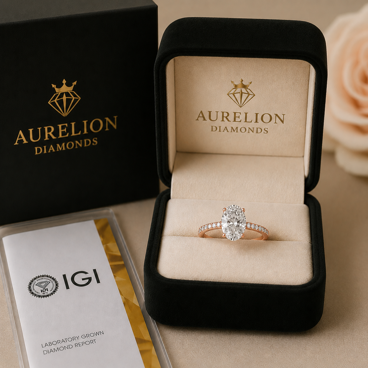 Oval Pavé Solitaire Diamond Engagement Ring presented in Aurelion Diamonds ring box in 18K Rose Gold