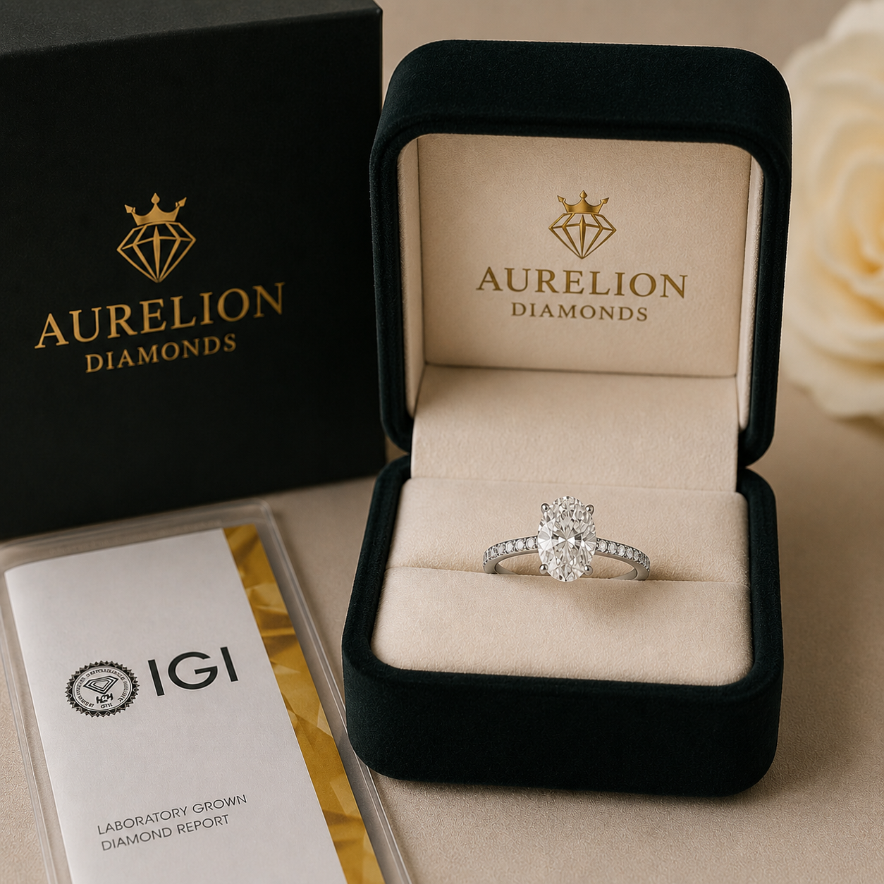 Oval Pavé Solitaire Diamond Engagement Ring presented in Aurelion Diamonds ring box in 18K White Gold