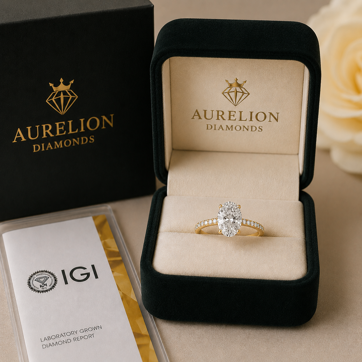 Oval Pavé Solitaire Diamond Engagement Ring presented in Aurelion Diamonds ring box in 18K Yellow Gold