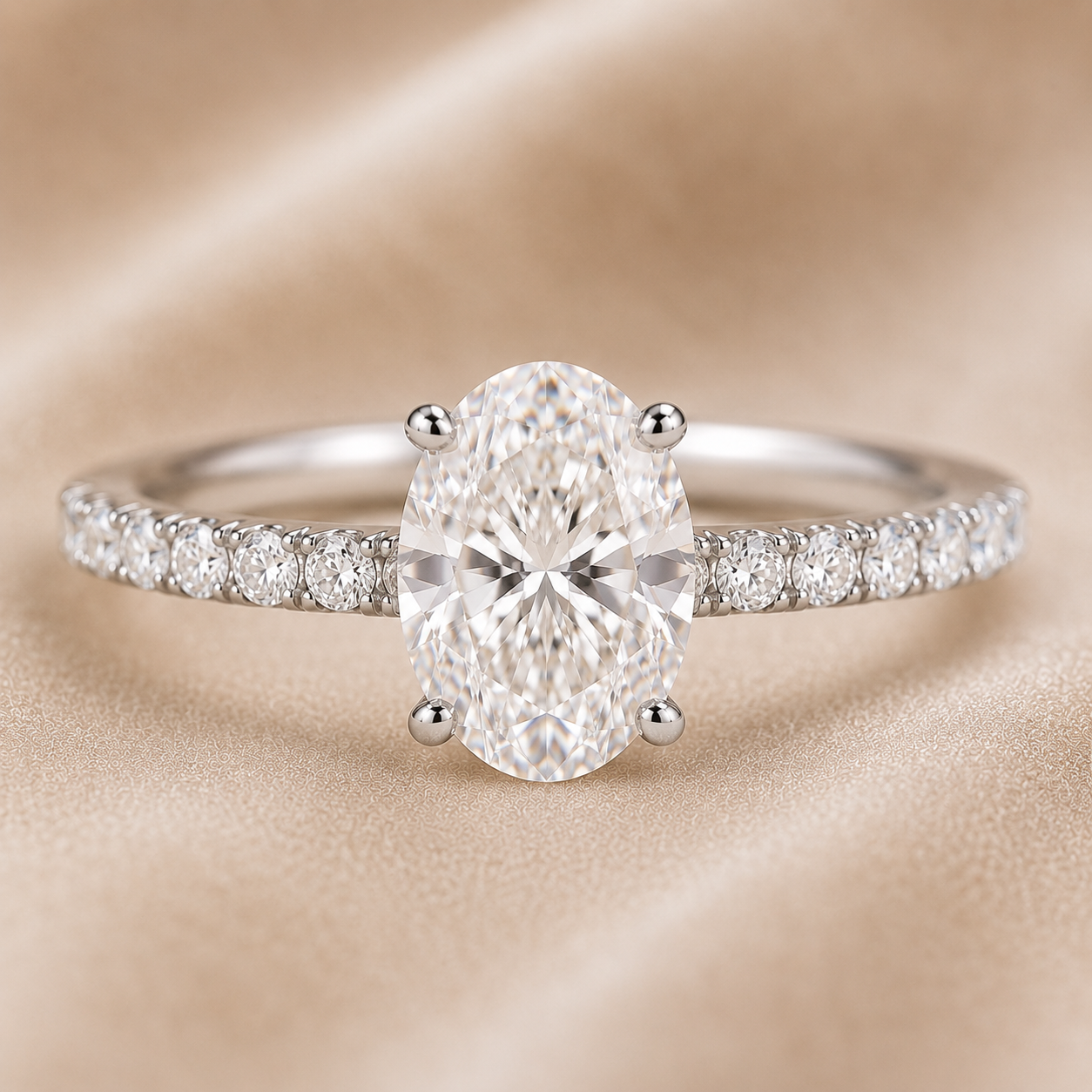Close-up of Oval Pavé Solitaire Diamond Engagement Ring