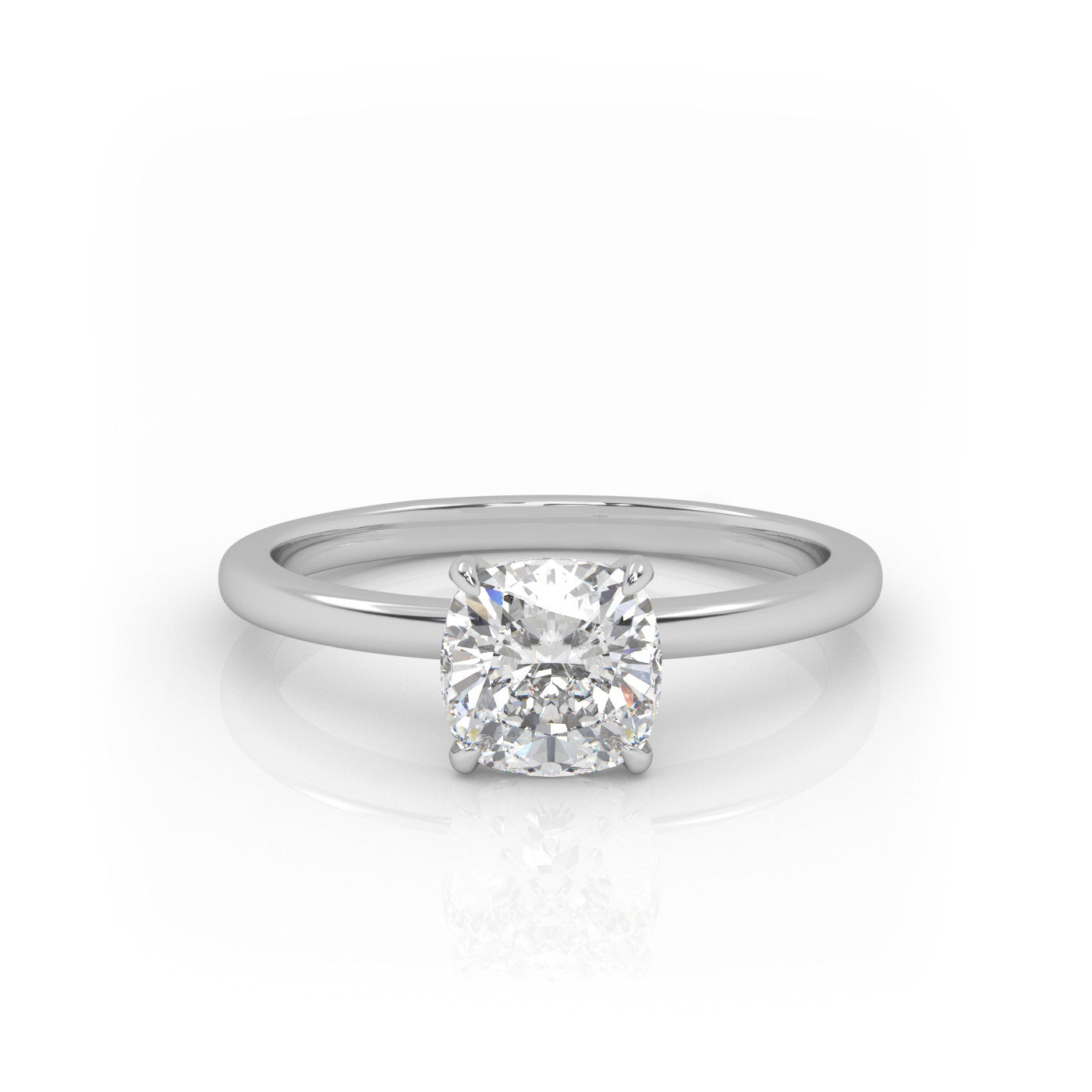 straight front view of Solitaire Cushion Diamond Ring in 18K White Gold