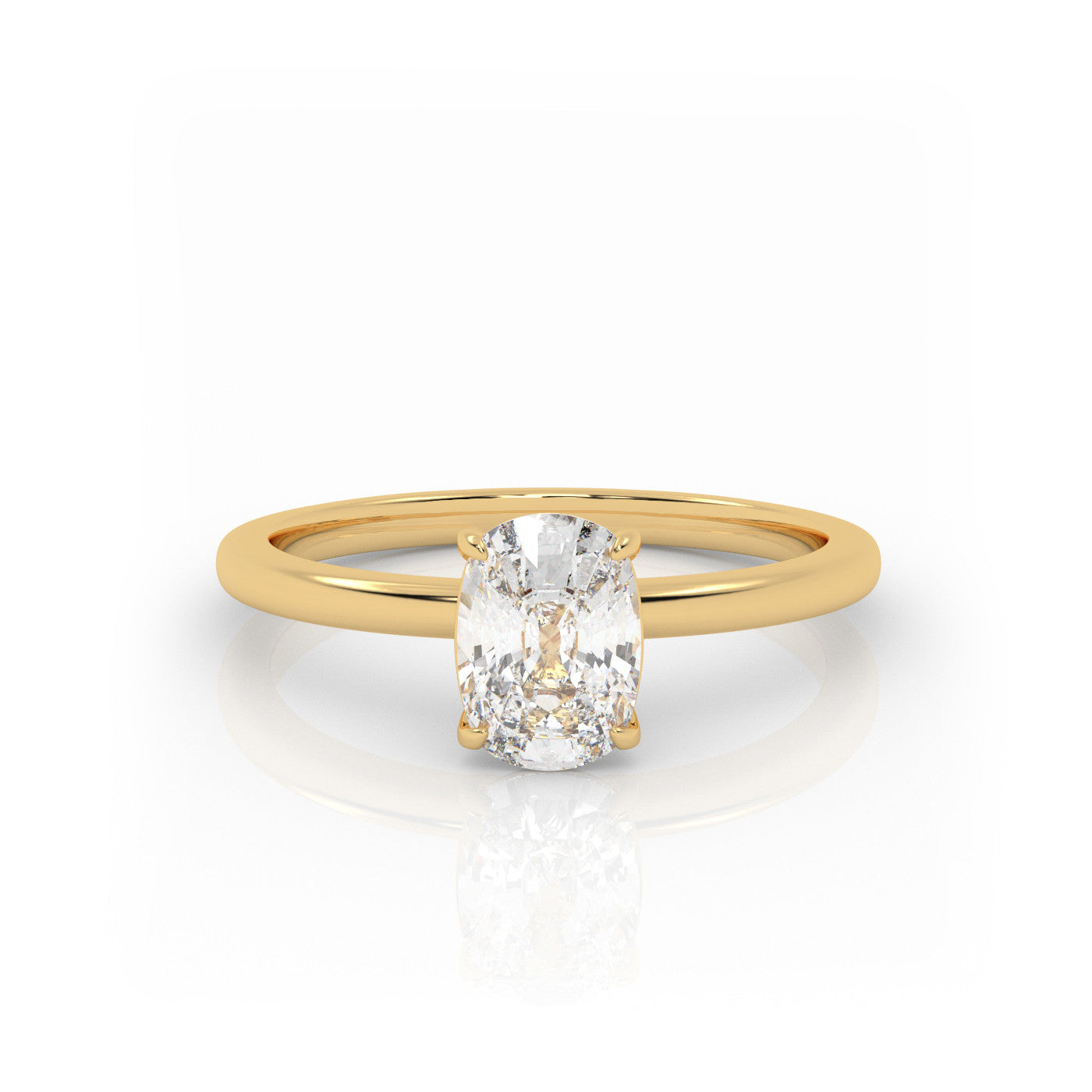 straight front view of Solitaire Elongated Cushion Diamond Ring in 18K Yellow Gold