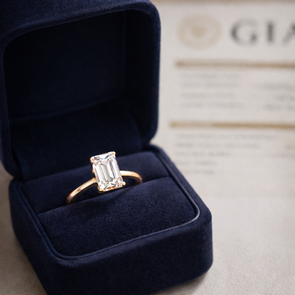 Solitaire Emerald Cut Diamond Ring presented in Aurelion Diamonds ring box in 18K Rose Gold