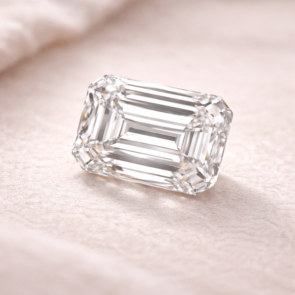 Close-up of Solitaire Emerald Cut Diamond Ring in 18K White Gold