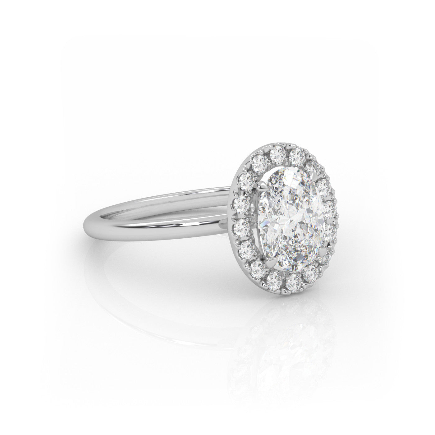 angled view of Oval Halo Radiance in 18K White Gold