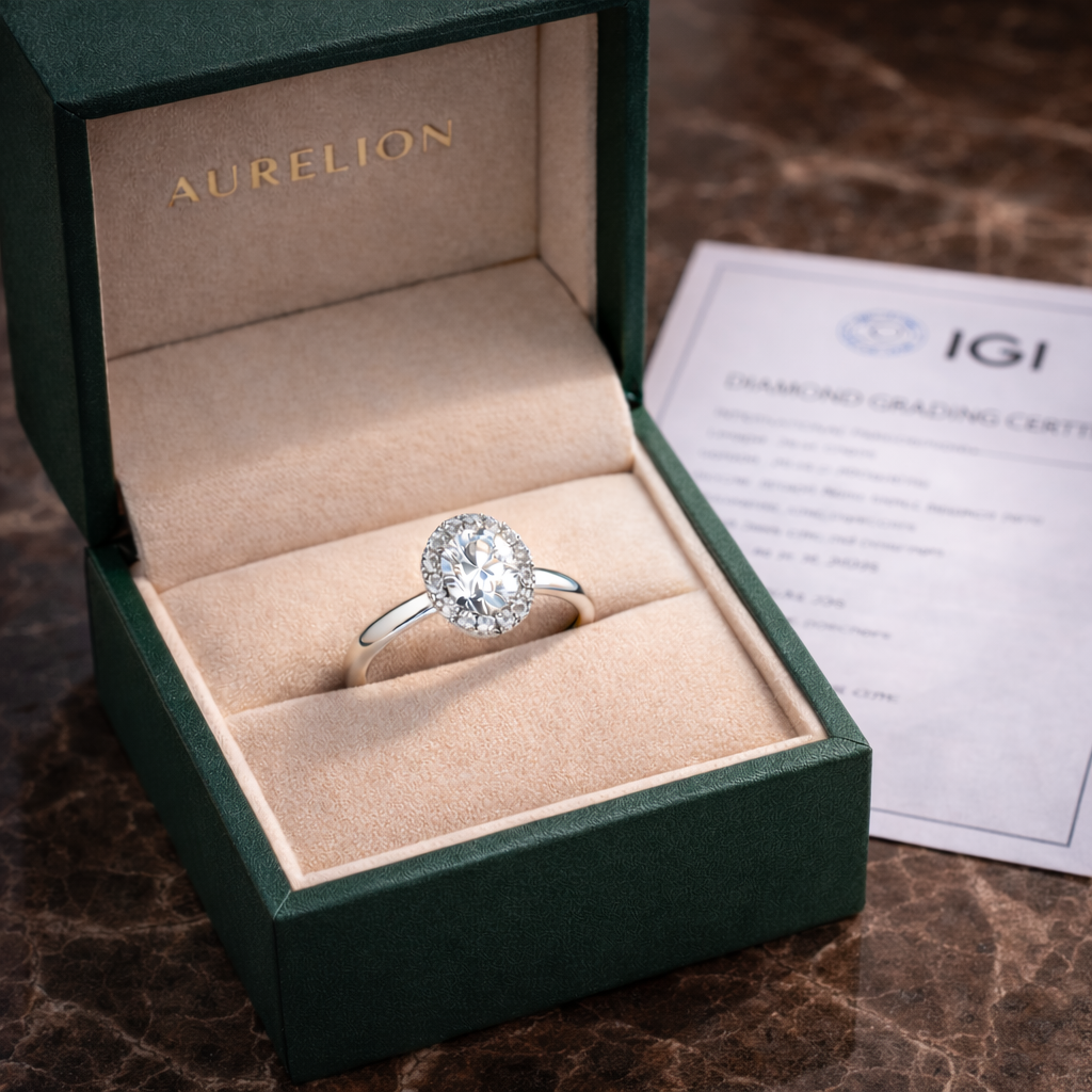Oval Halo Radiance presented in Aurelion Diamonds ring box in 18K Yellow Gold