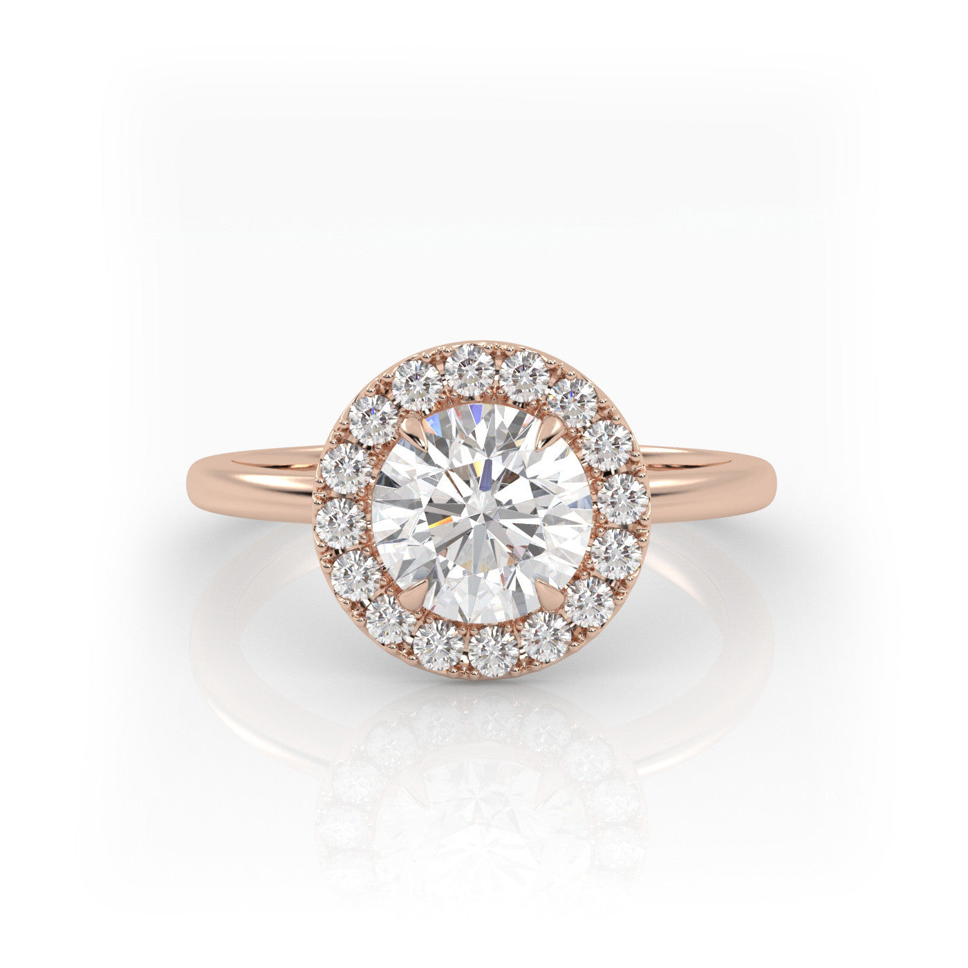 straight front view of Round Halo Radiance in 18K Rose Gold