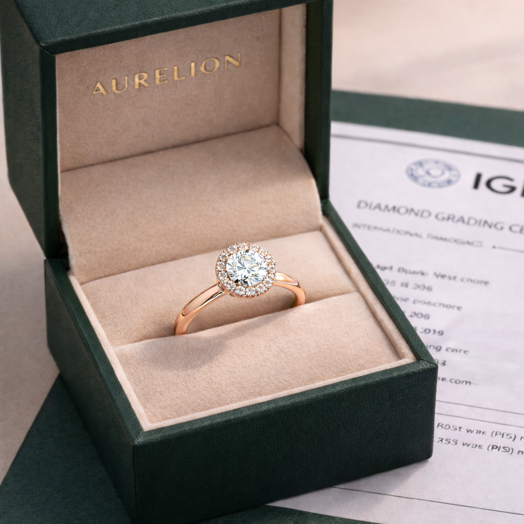 Round Halo Radiance presented in Aurelion Diamonds ring box in 18K Rose Gold
