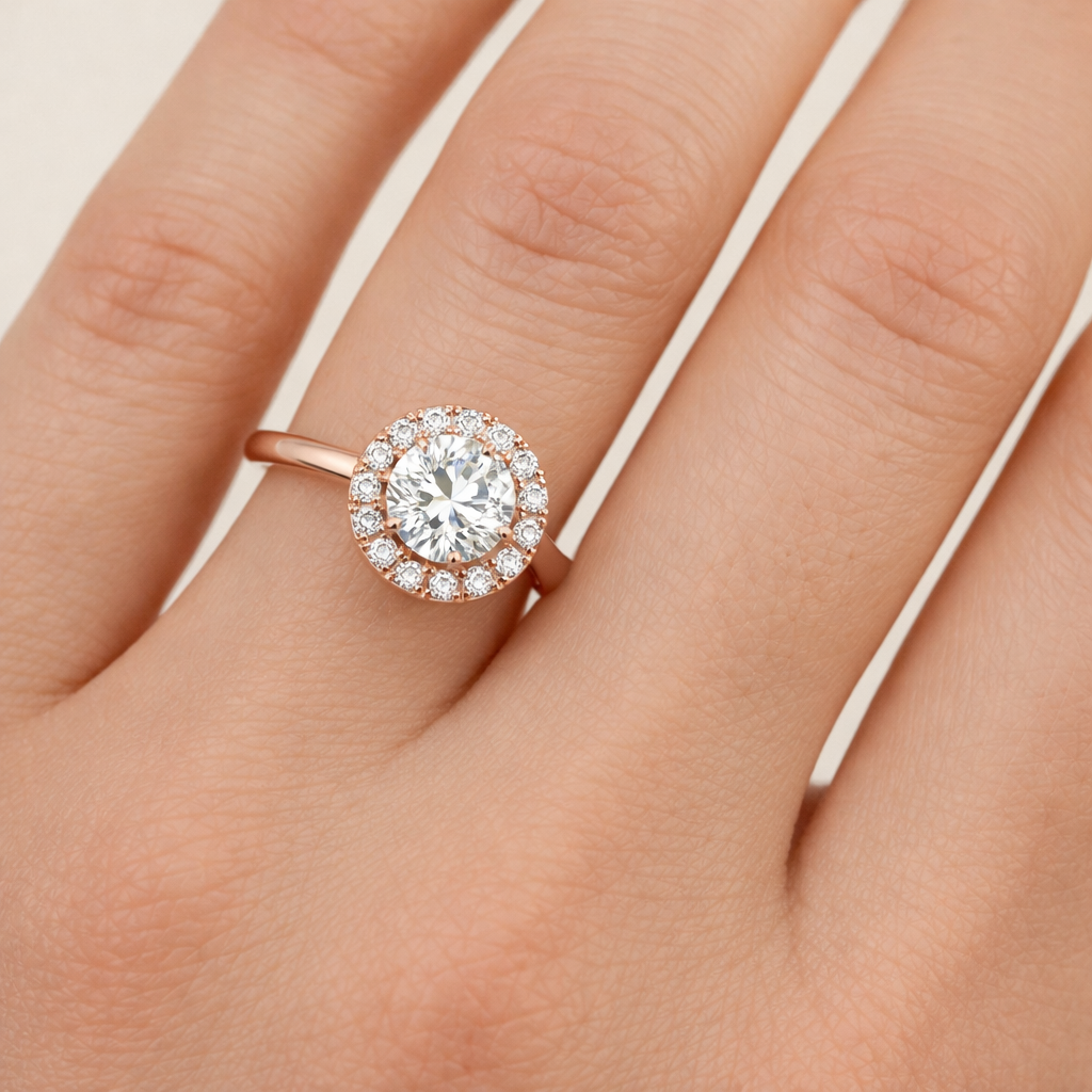 Round Halo Radiance worn on hand in 18K Rose Gold