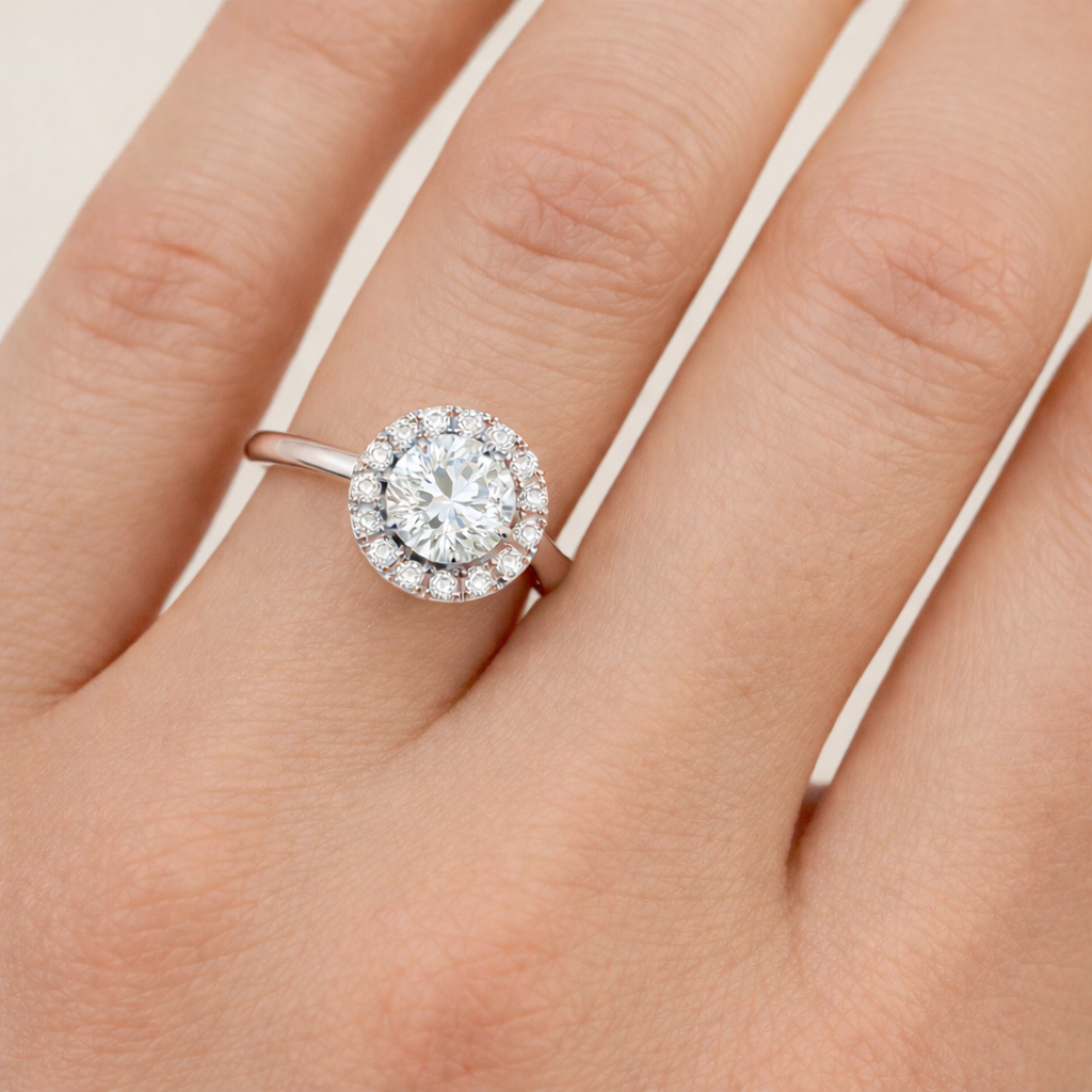 Round Halo Radiance worn on hand in 18K Yellow Gold