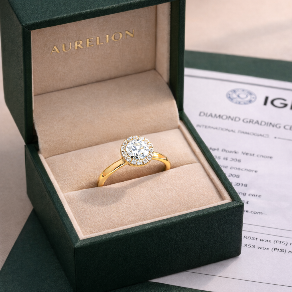 Round Halo Radiance presented in Aurelion Diamonds ring box in 18K Yellow Gold