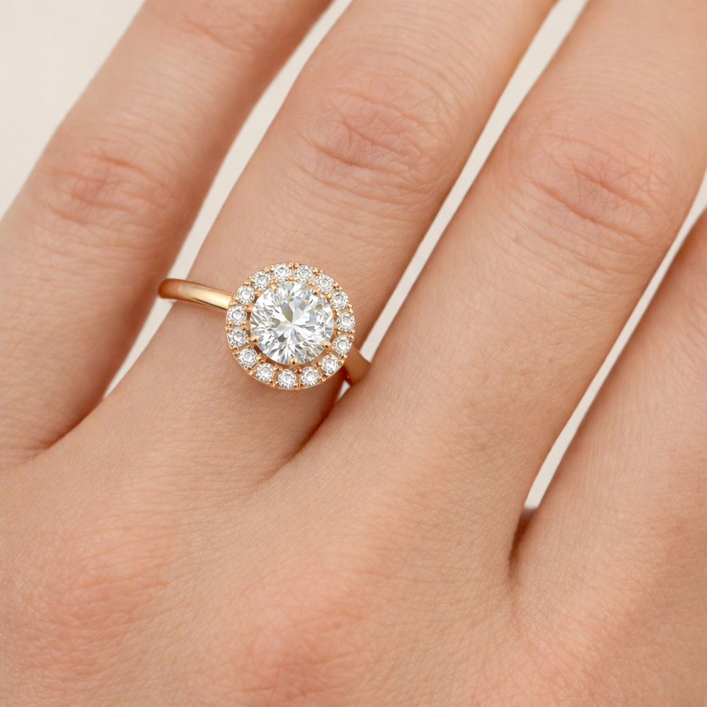 Round Halo Radiance worn on hand in 18K Yellow Gold