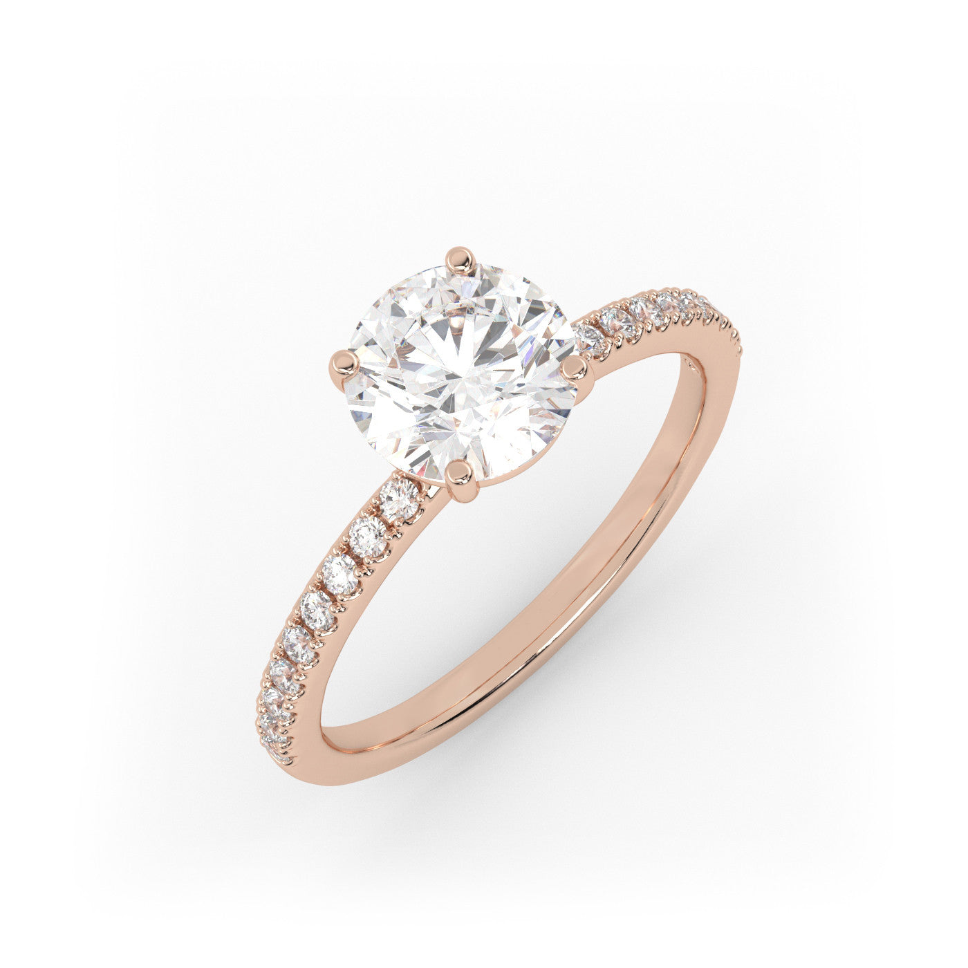front view of Round Pavé Solitaire Diamond Engagement Ring in 18K Rose Gold