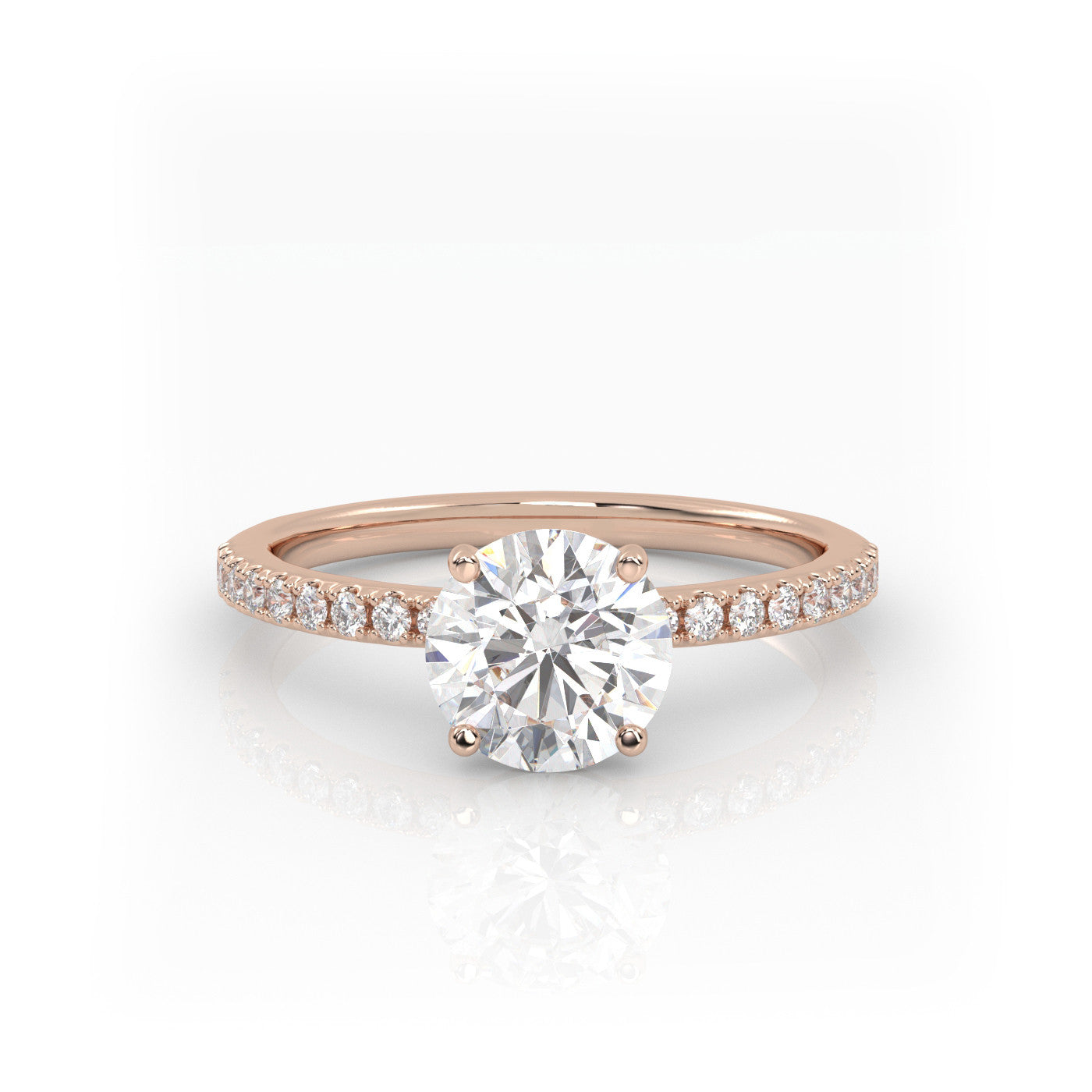 straight front view of Round Pavé Solitaire Diamond Engagement Ring in 18K Rose Gold