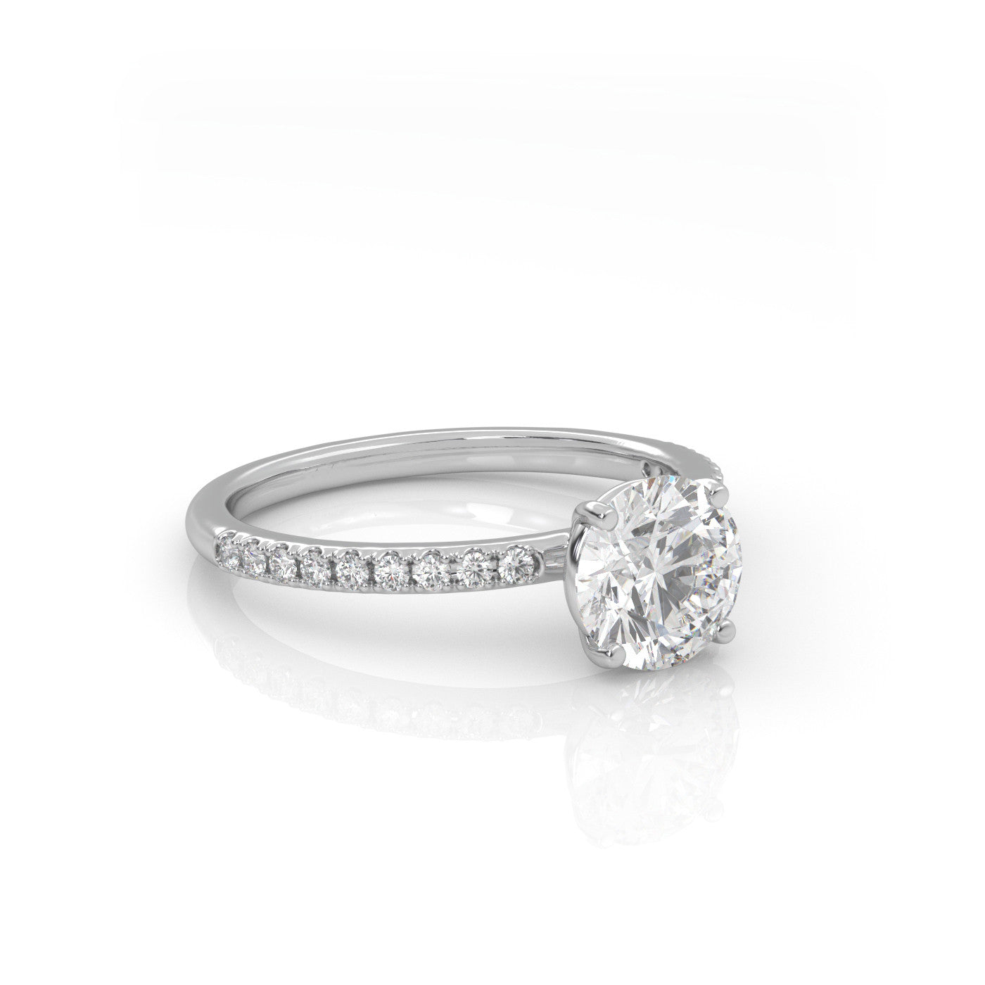 angled view of Round Pavé Solitaire Diamond Engagement Ring in 18K White Gold