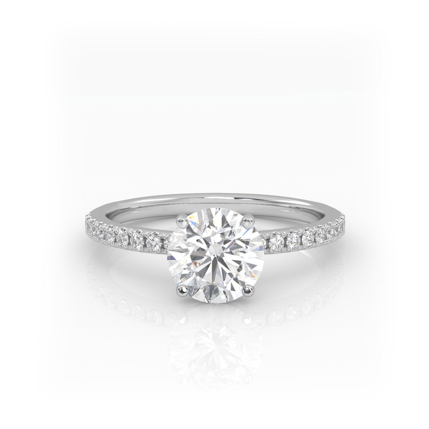 straight front view of Round Pavé Solitaire Diamond Engagement Ring in 18K White Gold