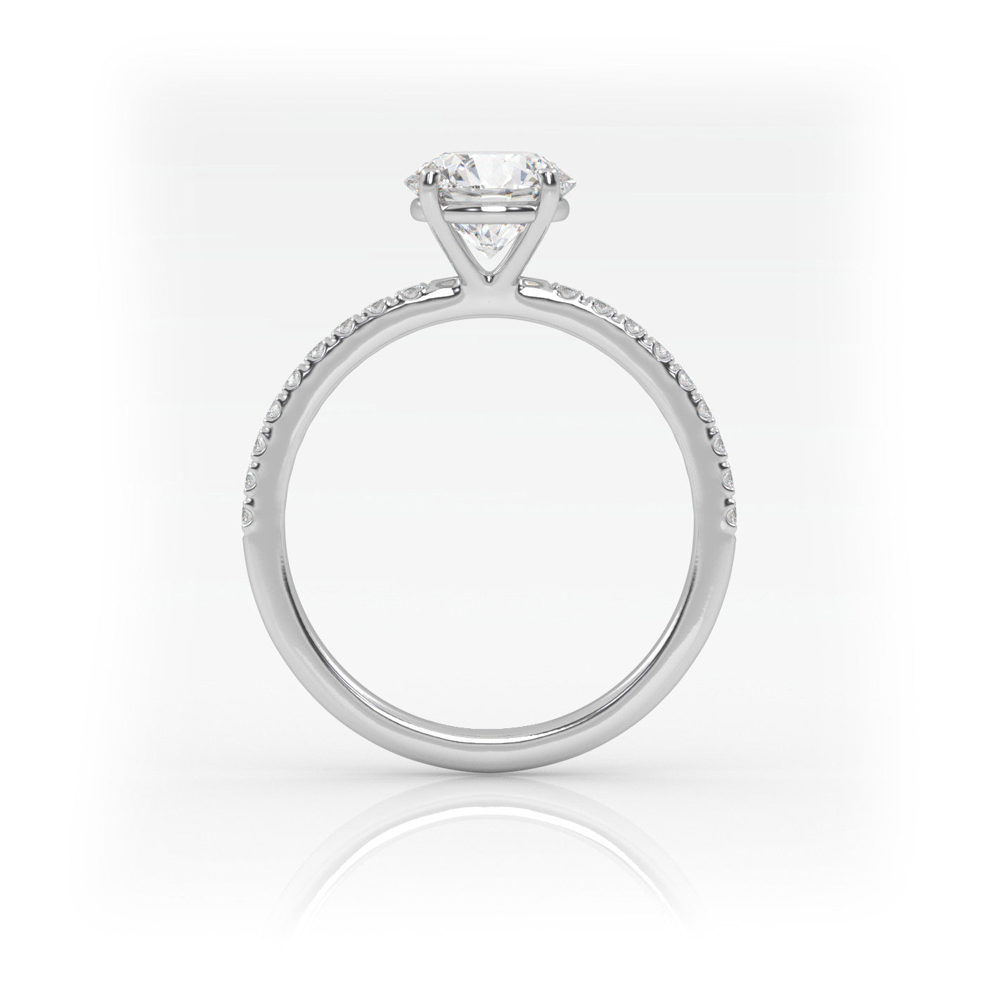side profile of Round Pavé Solitaire Diamond Engagement Ring in 18K White Gold