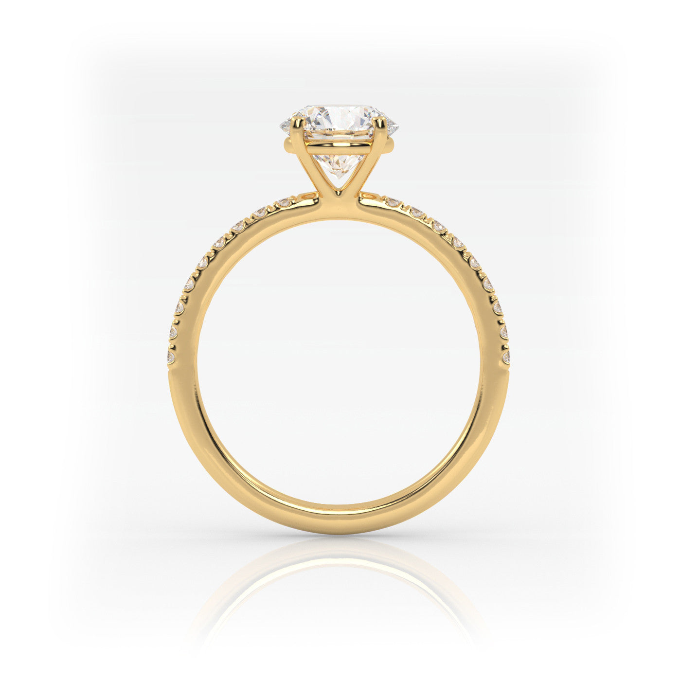 side profile of Round Pavé Solitaire Diamond Engagement Ring in 18K Yellow Gold