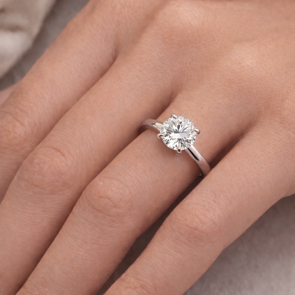Solitaire Round Diamond Ring worn on hand in 18K White Gold