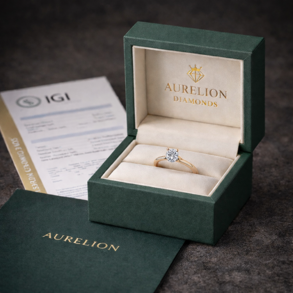 Solitaire Round Diamond Ring presented in Aurelion Diamonds ring box in 18K Yellow Gold